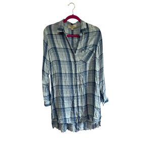 Cloth & Stone Blue Plaid Rayon Shirt Dress Roll Tab Sleeve Womens